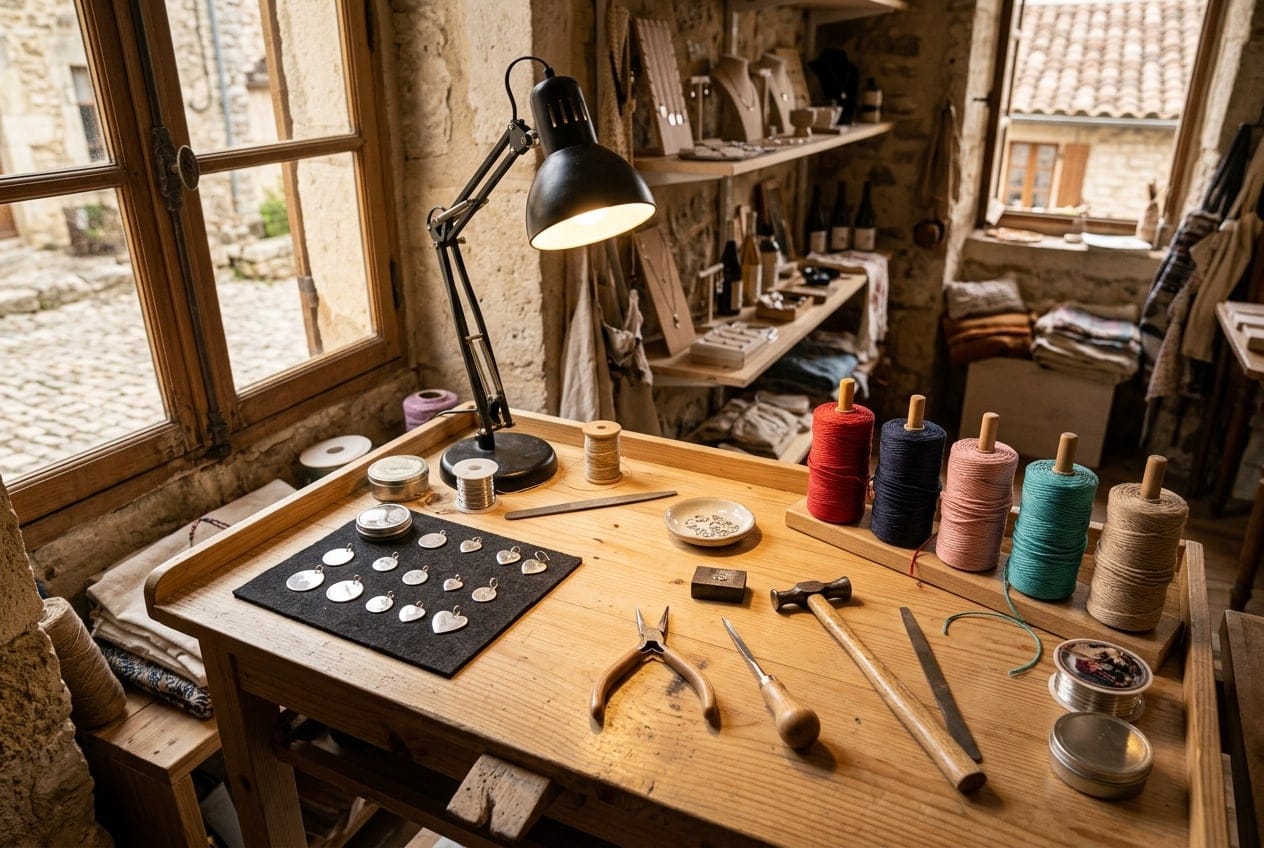 Bobines de cordons de couleur sur l'établi de l'atelier