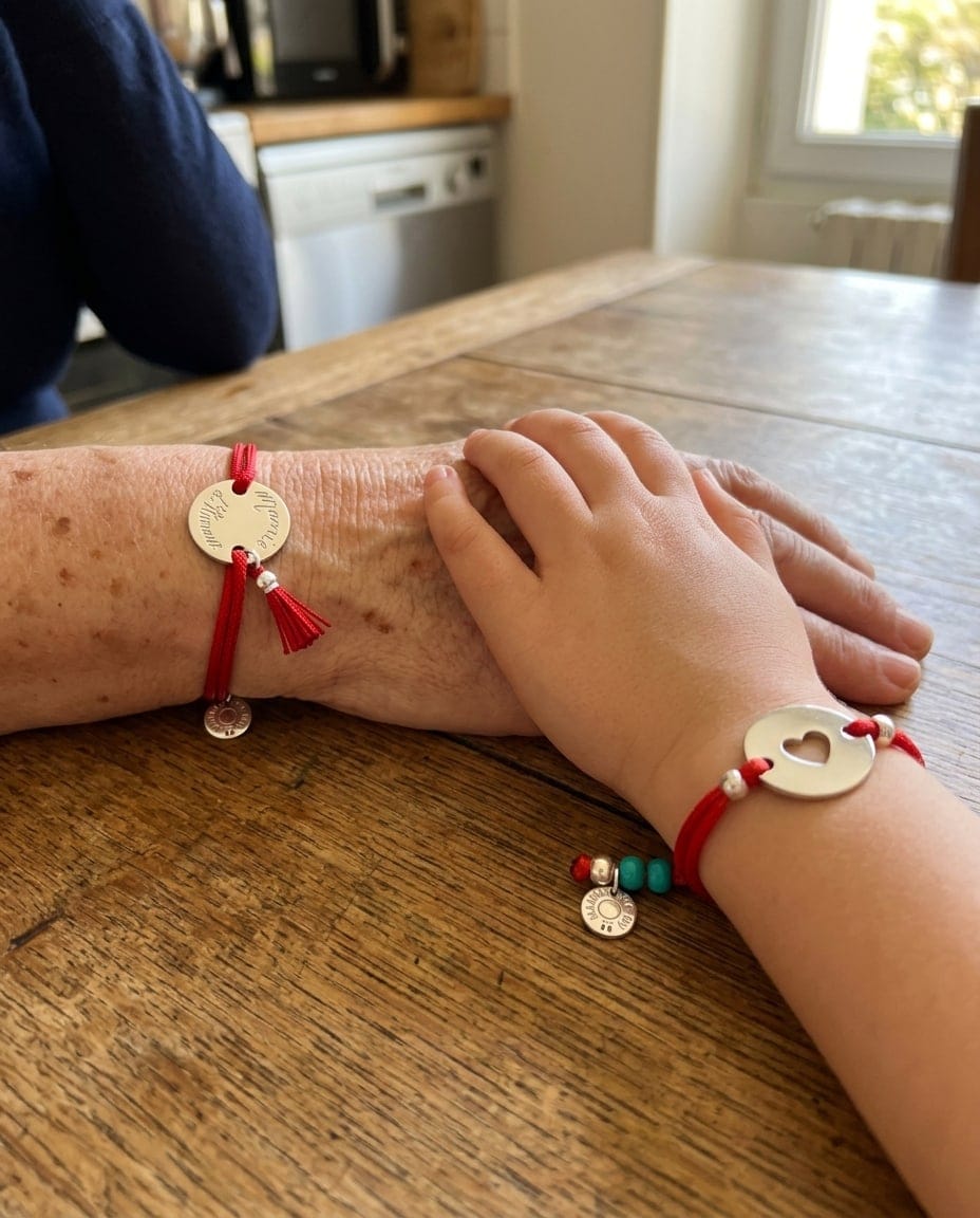 Une main de grand-mère et une main d'enfant, bracelets cordon rouge